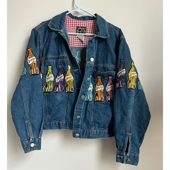 Jou Jou Jackets & Blazers - Jou Jou Denim Jacket Vintage 90s Novelty Bottle Print Quirky Colorful Sz M